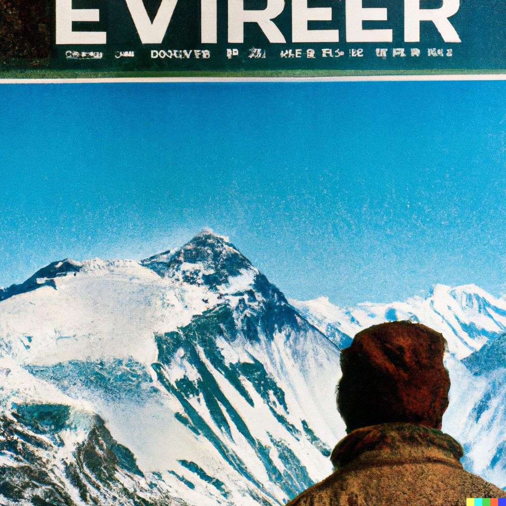 someone gazing at Mount Everest, advertisement from the '70s